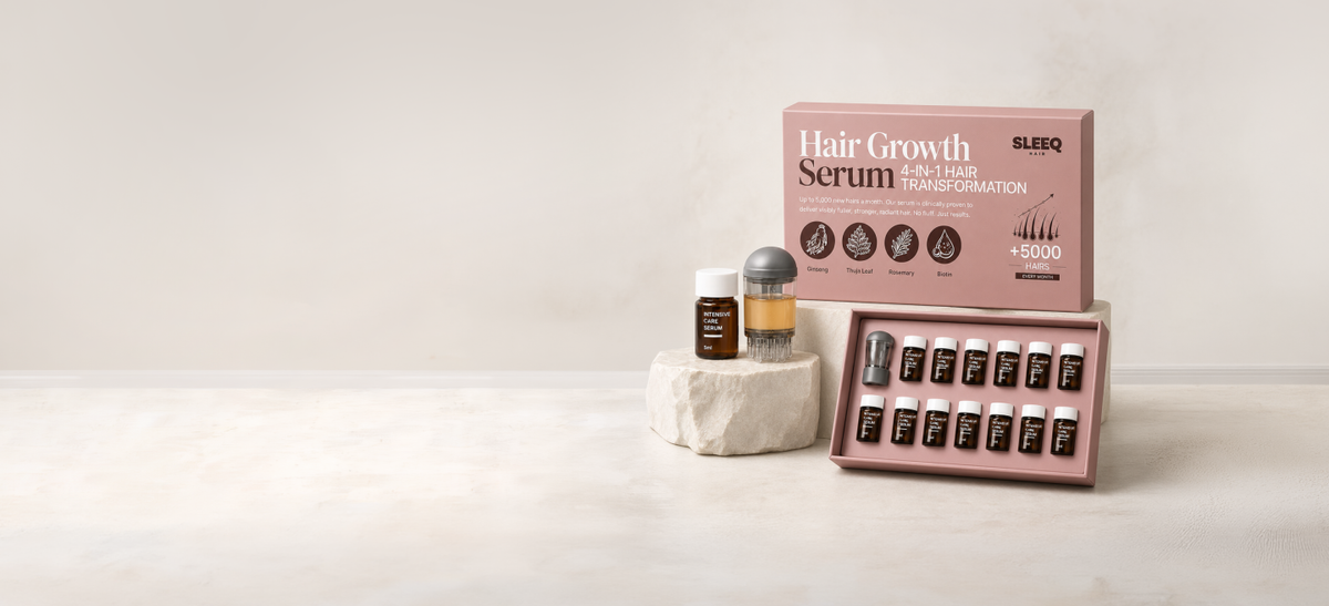 SLEEQ Hair Growth Serum box, vials and applicator